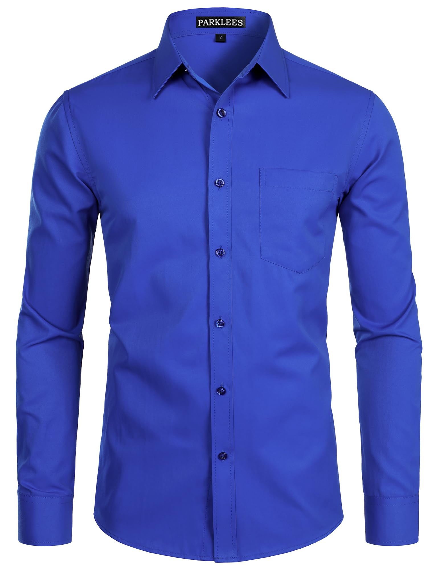 PARKLEES Men's Long Sleeve Slim Fit Casual Business Wedding Shirt with Chest Poc