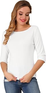 Allegra K Blusa Casual con Cuello Redondo y Manga al Codo para Mujer