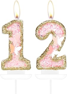 Birthday Candle,Butterfly 12th Birthday Party Decorations for Women/Girl,Gold Pink Birthday Number 12 Candle,2.75" Large Glitter Birthday Candles Wedding Cake Topper Anniversary Party Decor