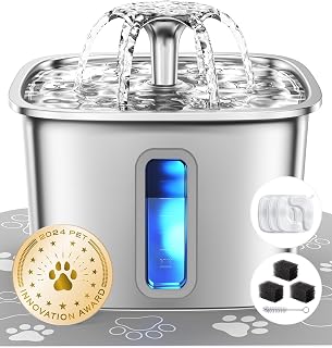 Veken Innovation Award Winner Stainless Steel Cat Water Fountain, 108oz, C1 | Automatic Pet Fountain Dog Water Dispenser with 3 Replacement Filters & Silicone Mat, Gifts for Christmas, Cats, Dogs(Silver)