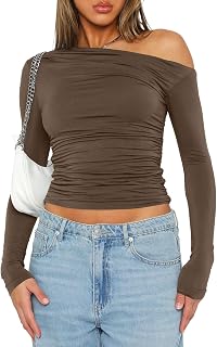 Darong Women's Casual Long Sleeve Boat Neck Off Shoulder Crop Top Slim Fit Outwear Shirts 2000