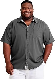 Big and Tall Dress Shirts for Men Short Sleeve Button Down Shirt with Contrast Plaid Office & Wedding Shirt