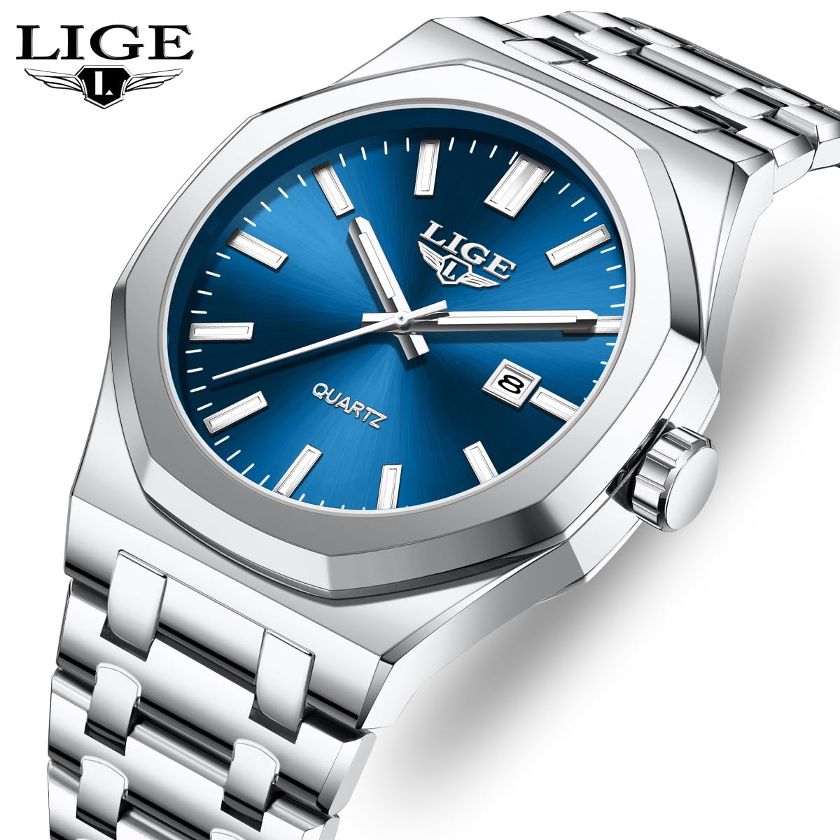LIGE Quartz Watch for Men - Analogue Designer Big Face Mens Wrist Watches