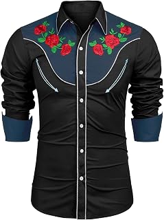 COOFANDY Men's Cowboy Shirts Embroidered Rose Design Shirts Western Long Sleeve Button Down Shirts