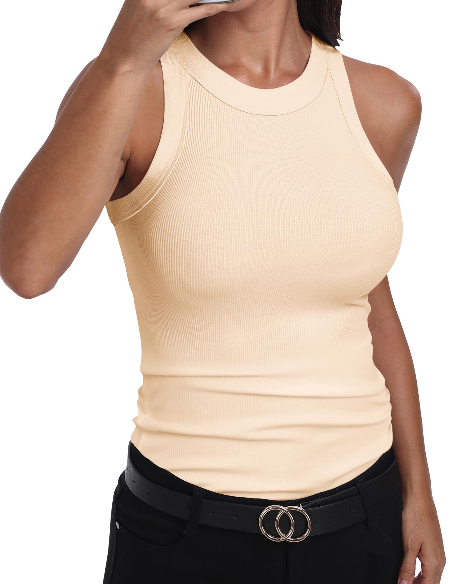 GEMBERA Women's Sleeveless Tank Top Racerback High Neck Casual Classic Ribbed Co