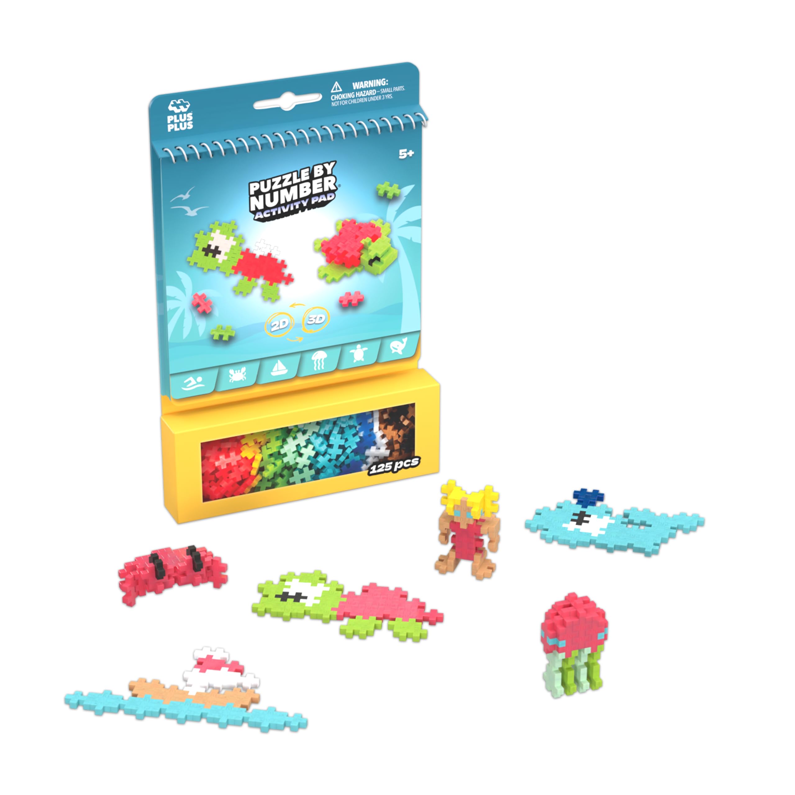 PLUS PLUS - 125 Pcs 12 x 20 mm Puzzle by Number Activity Pad Ocean | 2D 3D Creat