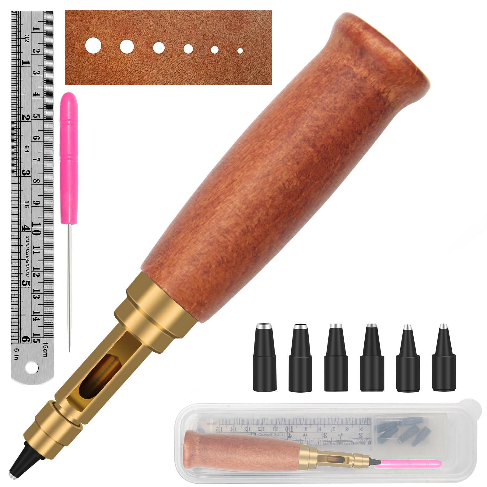 Japanese Screw Punch, Boyistar Wood Handle Belt Hole Puncher | Adjustable Leathe