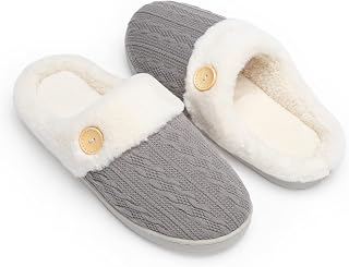 Chantomoo Women's House Slippers Comfortable Memory Foam Plush Bedroom Faux Fur Lined Knitted Warm Slippers Slip-On Lightweight Shoes Indoor Outdoor Non-Slip Rubber Sole Cosy
