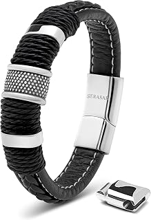 SERASAR Men's Black Cowhide Leather Bracelet, Braided, Magnetic Steel Clasp