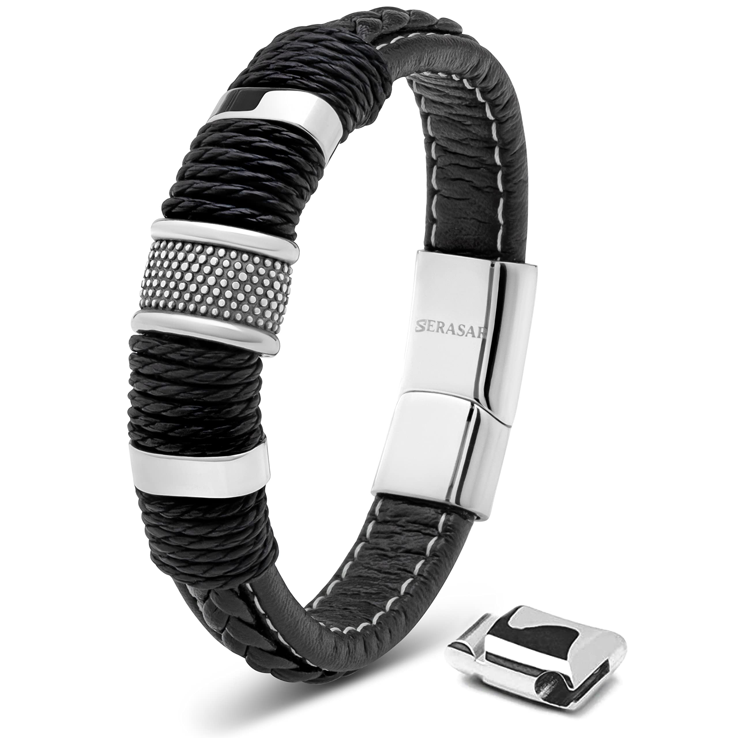 SERASAR Men's Black Cowhide Leather Bracelet, Braided, Magnetic Steel Clasp