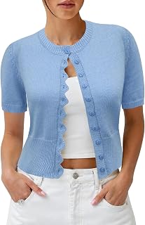 Women Cropped Short Sleeve Cardigan Button Down Lightweight Sweater Top