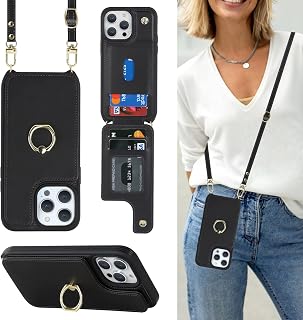 Lipvina Crossbody Wallet for iPhone 13 Pro Max Case with Strap-Black | Cute Crossbody Lanyard Purse,4 Card Holder,RFID Blocking,and a 360° Ring Kickstand.Lightweight PU Leather for Women