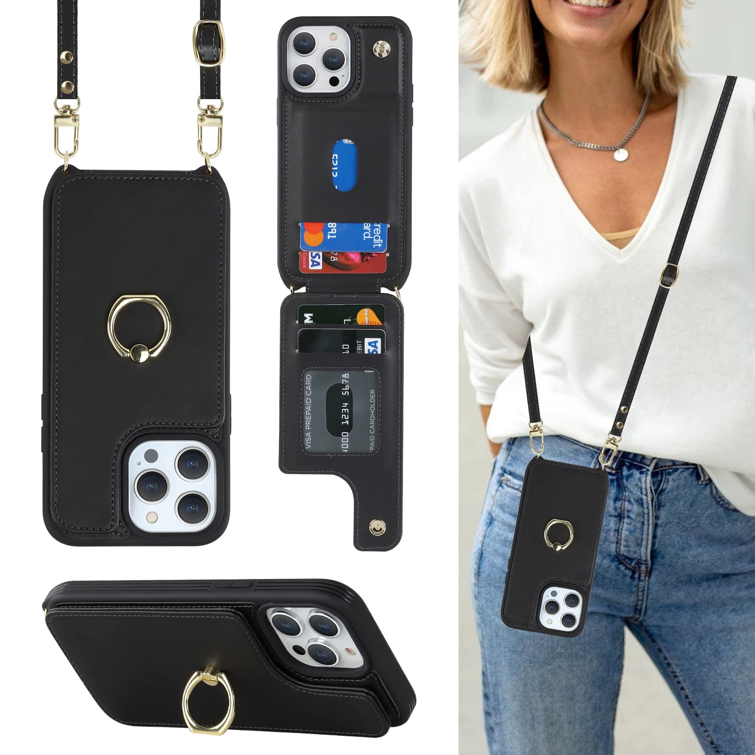 Lipvina Crossbody Wallet for iPhone 13 Pro Max Case with Strap-Black | Cute Cros