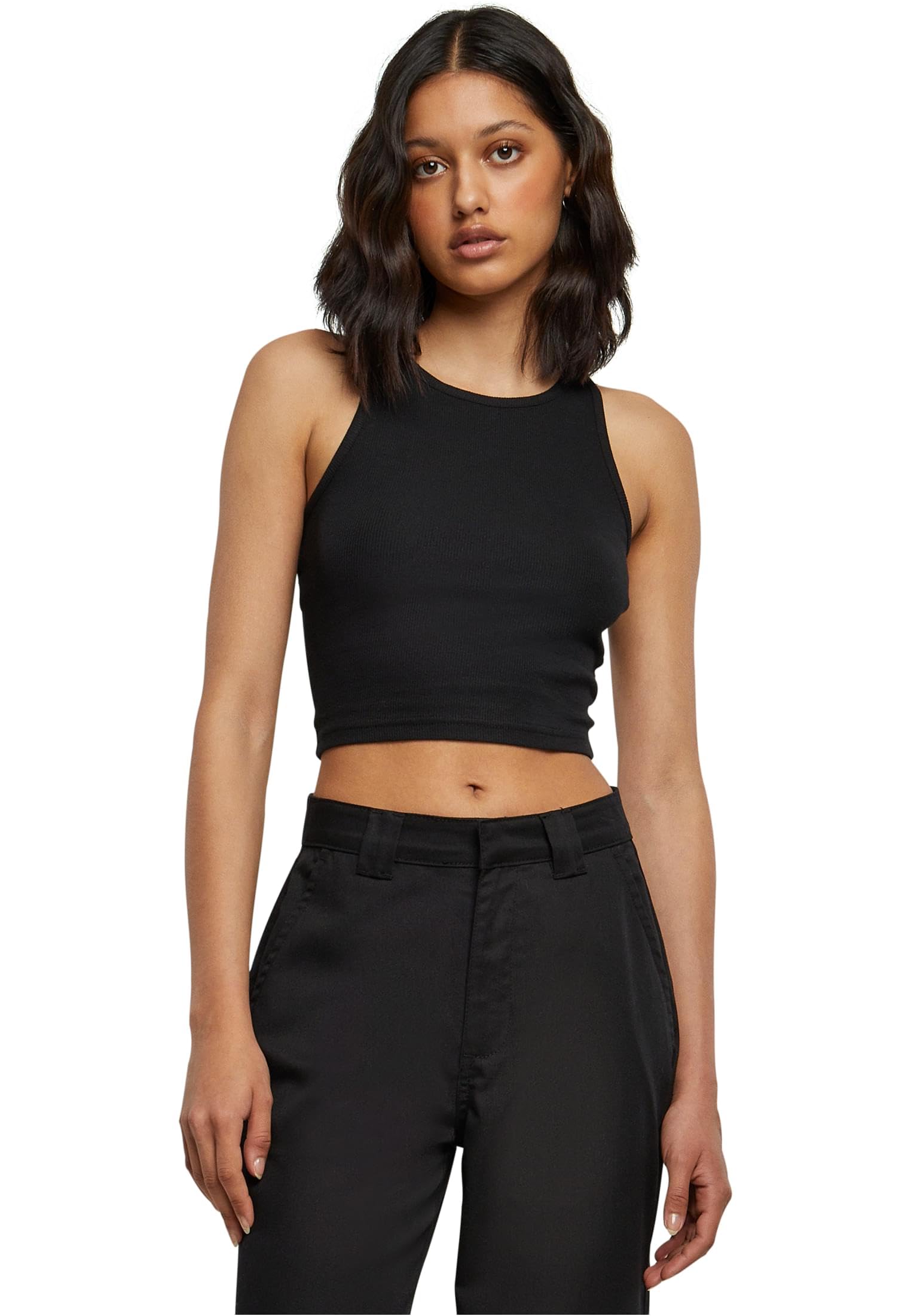 Urban Classics Ladies Cropped Rib Top Women's Top Brown 97% Cotton, 3% Spandex R