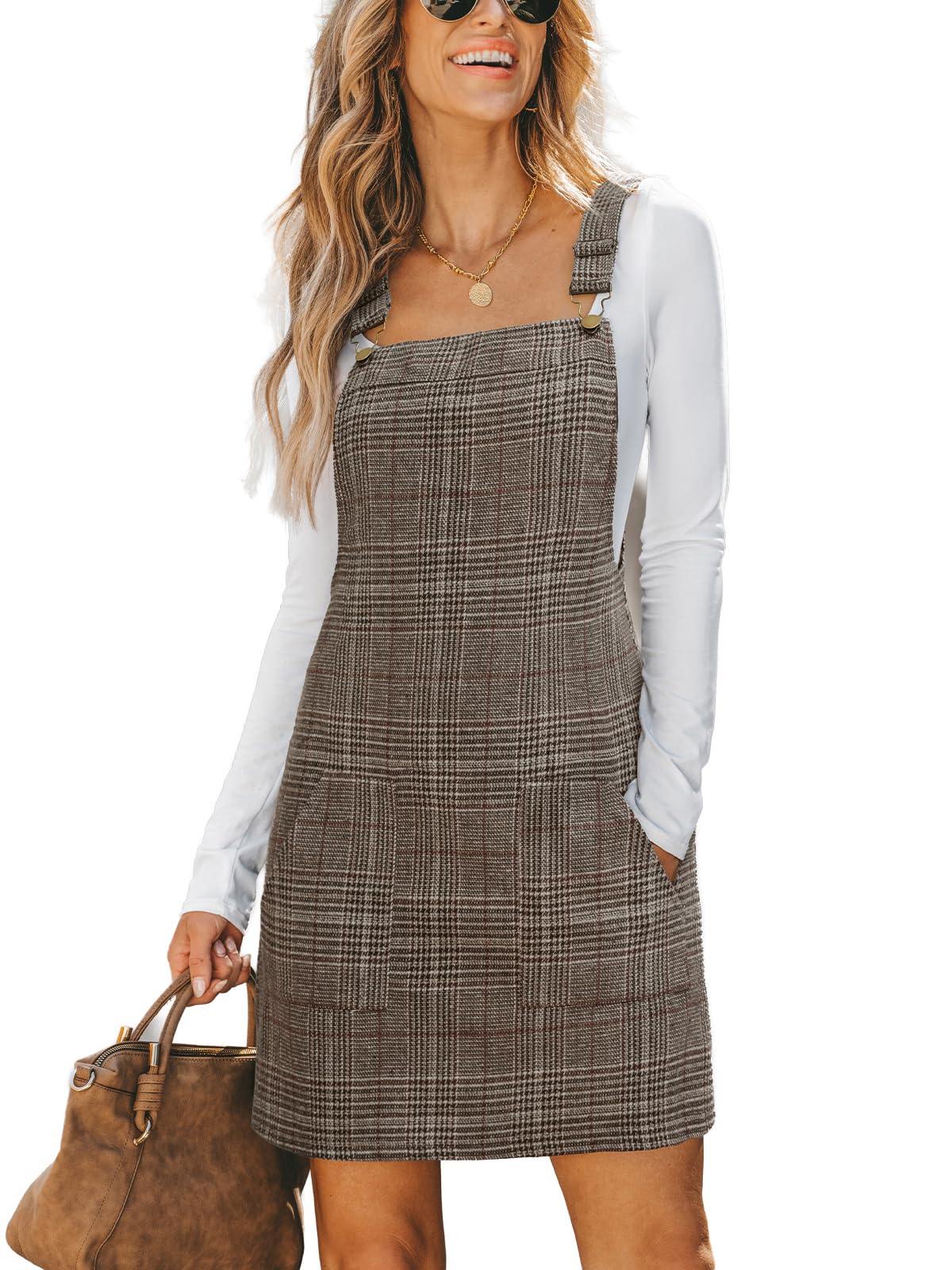 CUPSHE Corduroy Mini Fall Dress for Women Front Bib Pocket Square Neck Wide Stra