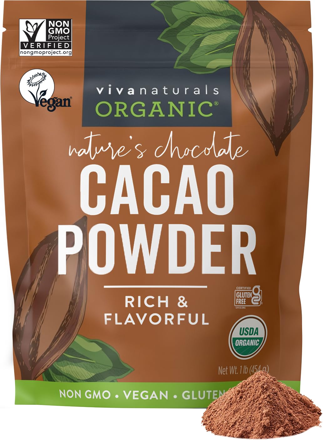 Organic Cacao Powder, Unsweetened, 1 lb (454 g) – Rich Dark Chocolate Flavor, Pe