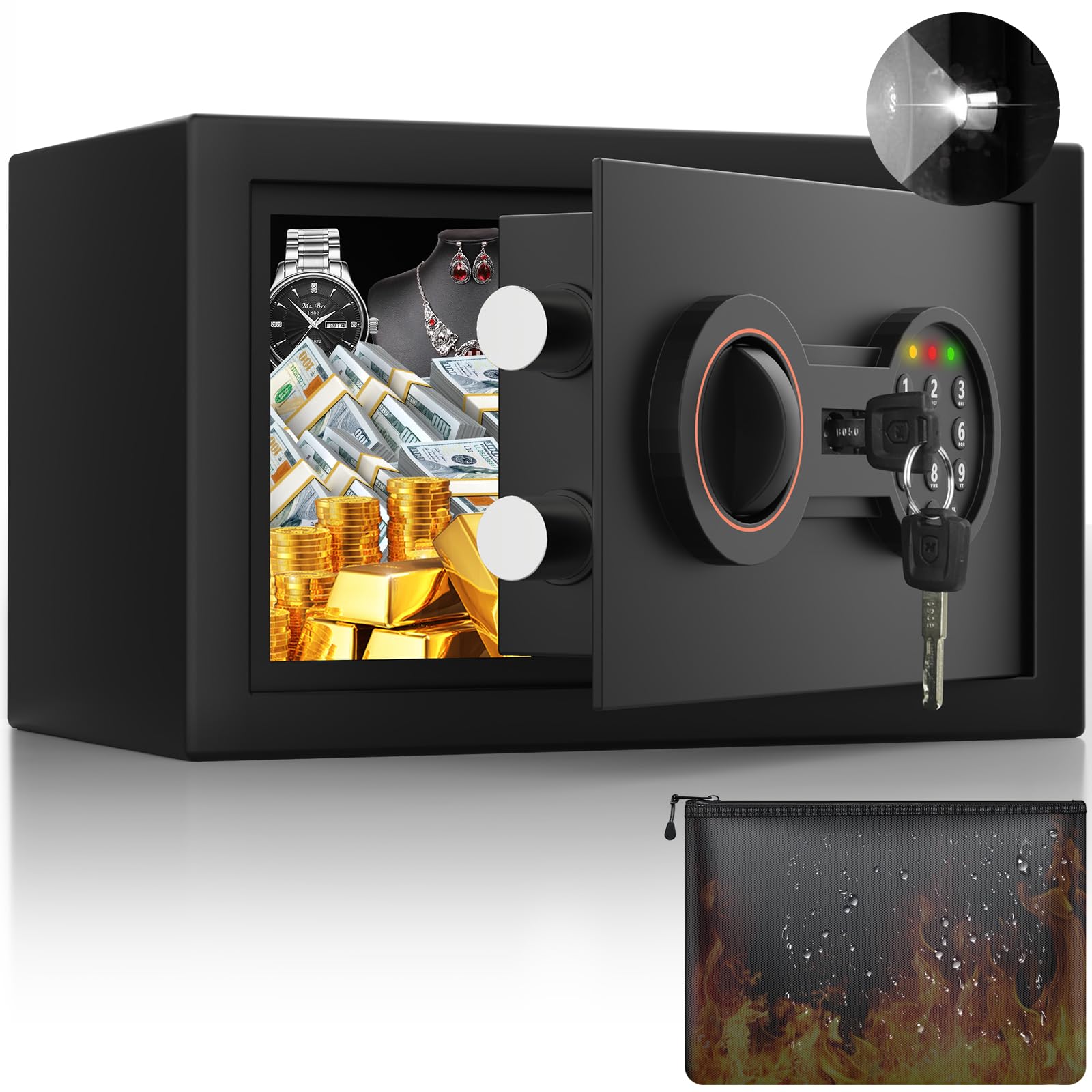 0.3 Cub Small Safe for Home, 6.69"H Safe Box with Fireproof Waterproof Bag | Mon