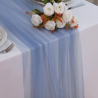 Snowkingdom Dusty Blue Table Runner, 10FT Blue Tulle Cheesecloth Gauze Sheer Boho Rustic Table Runner, Romantic Cheese Cloth for Wedding Party Decorations Christmas Baby Shower Home Decor 120 inch