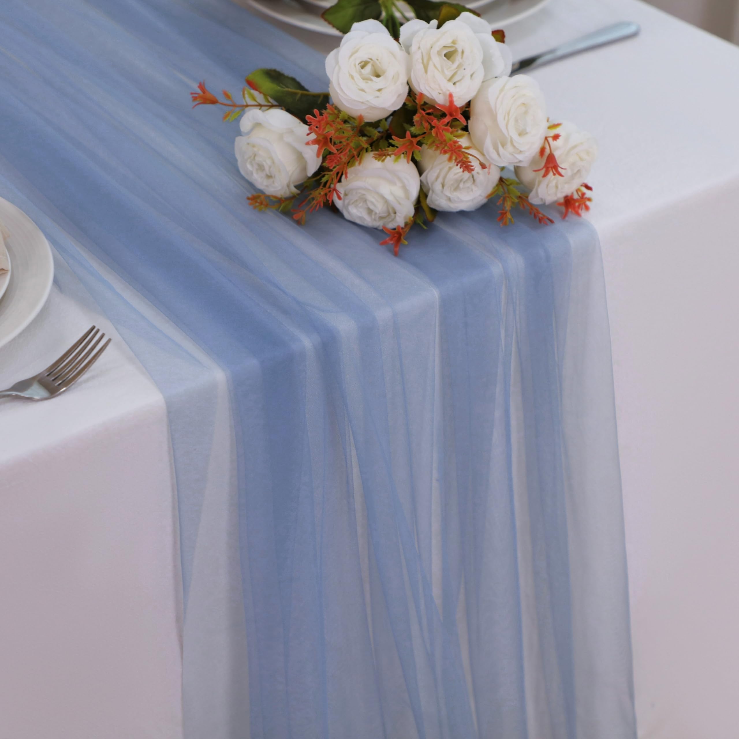 Snowkingdom Dusty Blue Table Runner, 10FT Blue Tulle Cheesecloth Gauze Sheer Boh