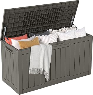 DWVO Outdoor Garden Storage Box|300L 115x46.8x58cm|Waterproof||Securely Lockable|Side Carry Handles|All Weather Resistant|Patio Resin Deck Box for Pillows, Equipment,Shoe(Taupe)