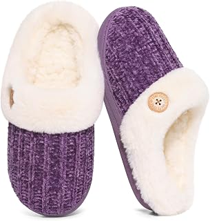 Evshine Women's Chenille Knit Fuzzy Slippers Memory Foam Warm House Shoes
