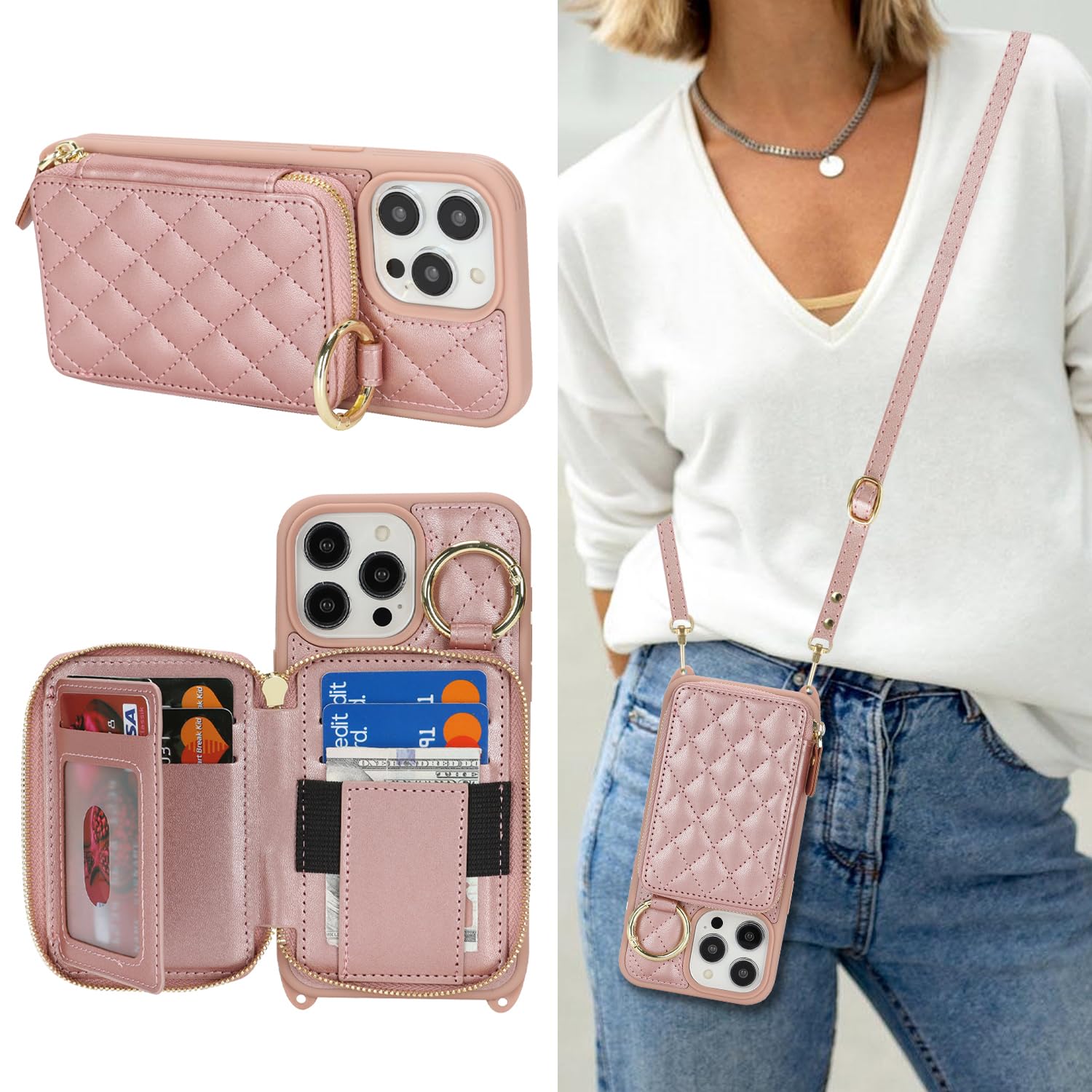 Crossbody Wallet Case for iPhone 12 Pro Max-Rose Gold