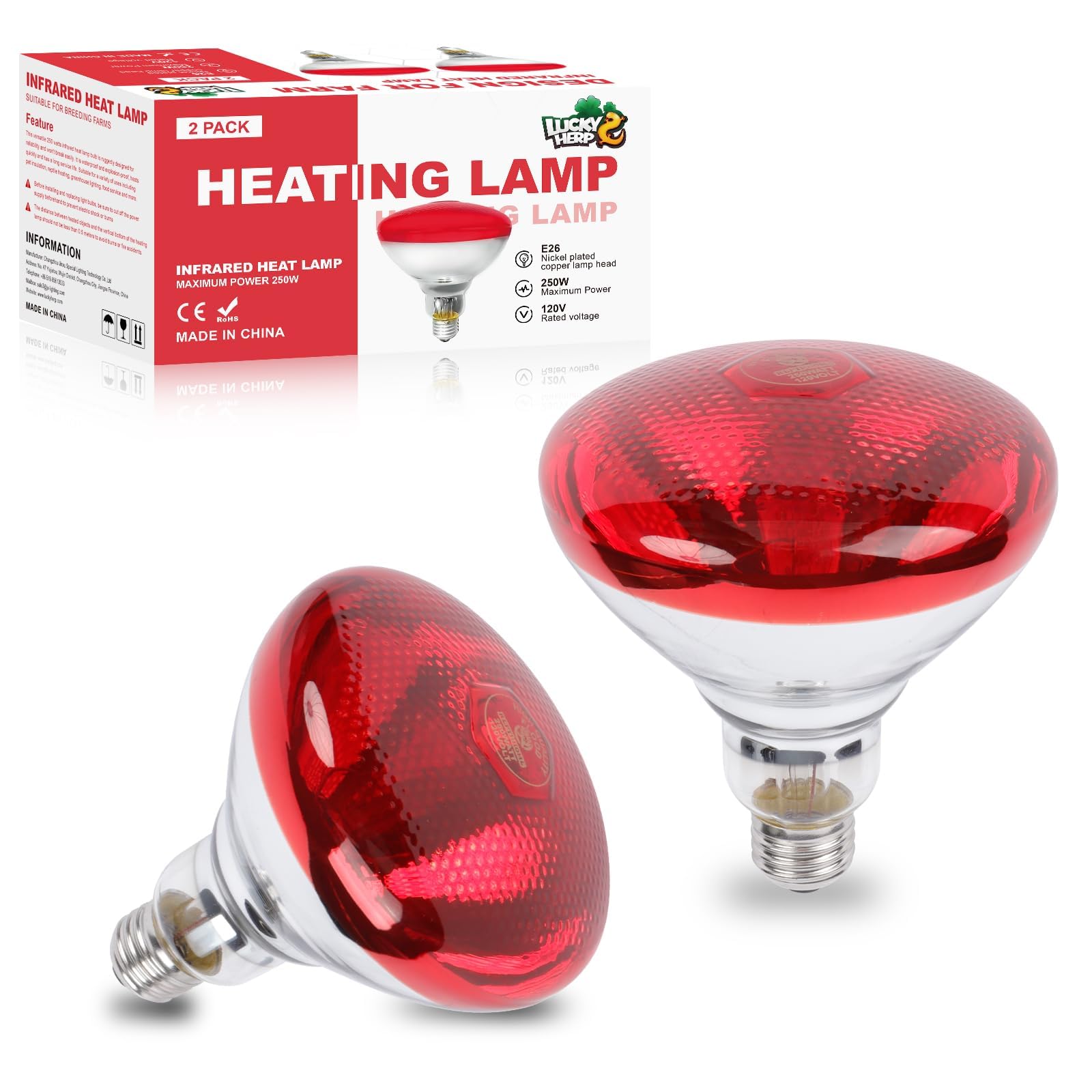 LUCKY HERP Infrared Heat Lamp for Chickens, 250 W Red Heat Lamp Bulb, 2 Pack Hea