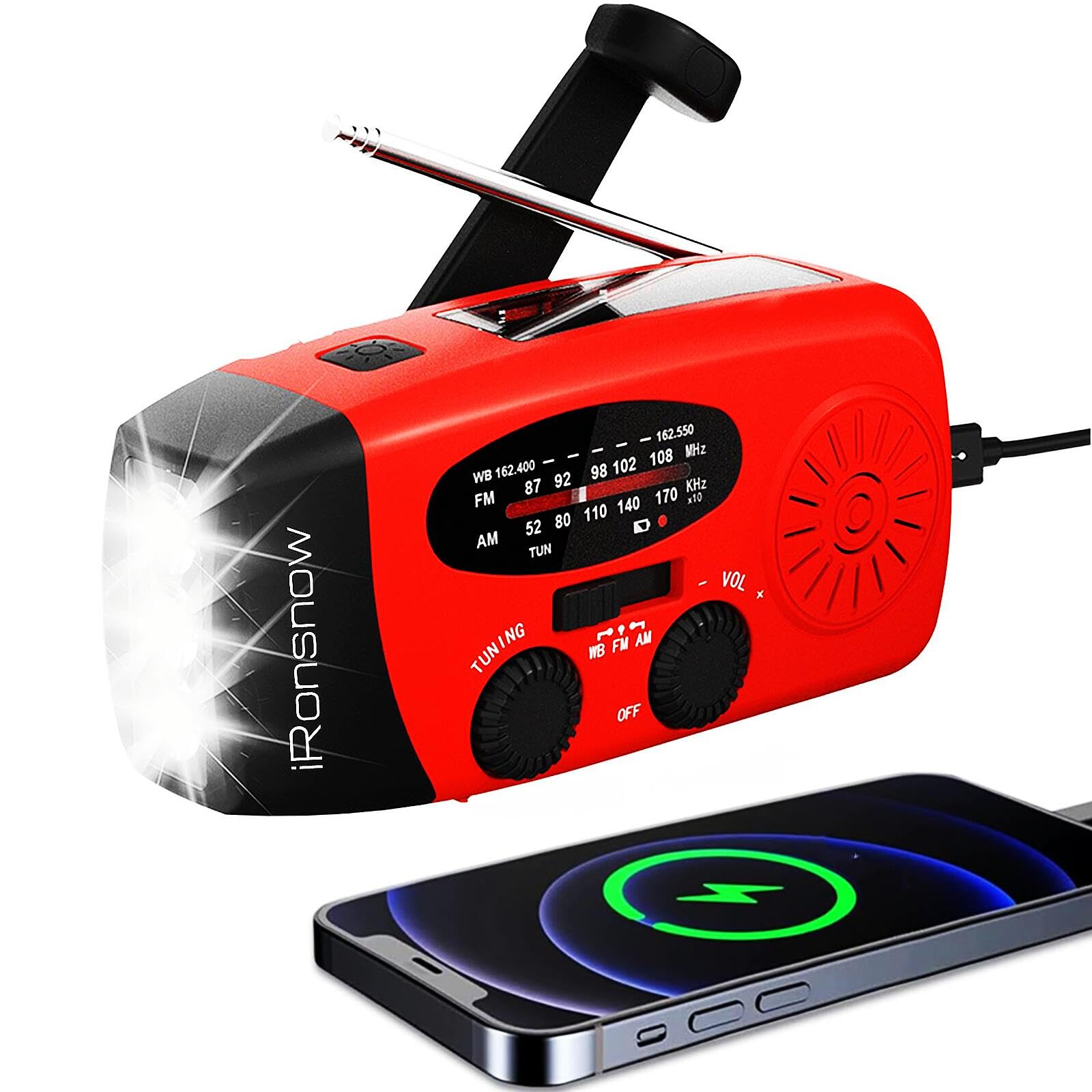 iRonsnow Solar Emergency Hand Crank Weather Radio, 2000mAh NOAA AM/FM | Portable