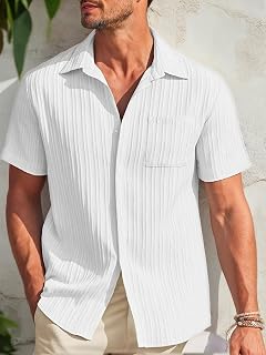 Mens Casual Short Sleeve Button Down Dress Shirts Pocket Textured Business Summer Beach Button Down Shirt