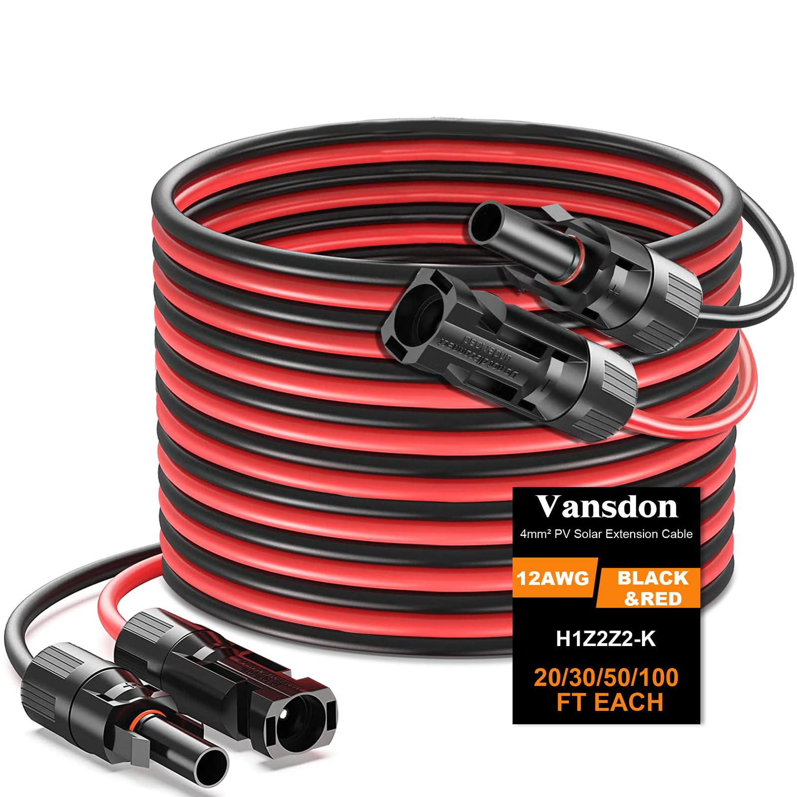 Vansdon 2x20 Feet Solar Panel Extension Cable, 12AWG Solar Cable, Solar Panel Ca