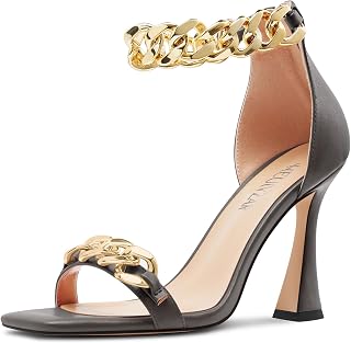 HEUIVZAR Women's High High Kitten Heel Square Toe Sandals Ankle Strap Zipper Metal Chain Wedding Dress 10 CM Heels