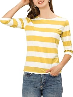 Allegra K Women's Striped Shirt U Boat Neck Half Sleeve Striped Top Party