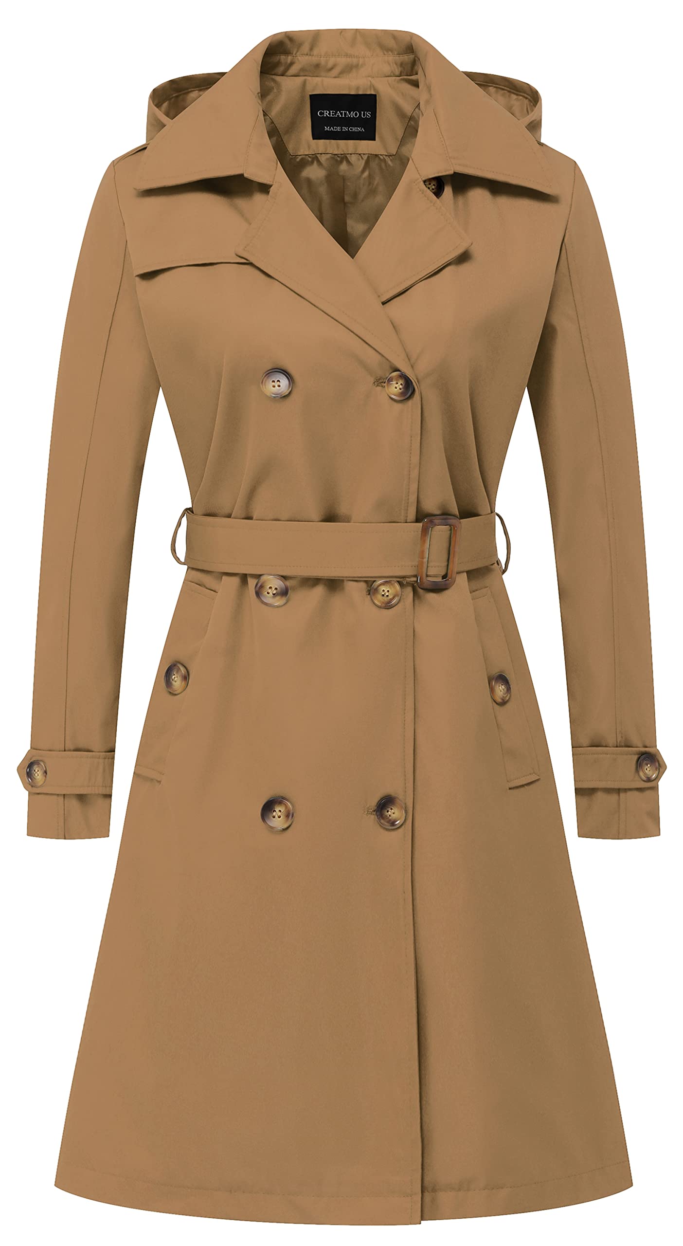 CREATMO US Women's Long Trench Coat Double-Breasted Classic Lapel Overcoat Belte