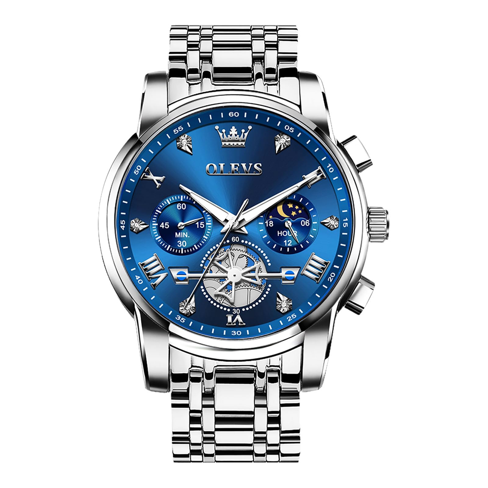 OLEVS Orologio da uomo in acciaio inox, cronografo, grande, analogico, al quarzo