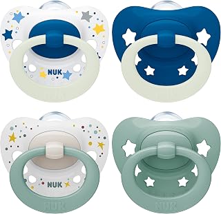 NUK Signature Day & Night Baby Dummy | 0-6 months | Soothes 95% of Babies | Heart-Shaped Silicone Soothers | Glow-in-the-Dark | Stars | 4 Count