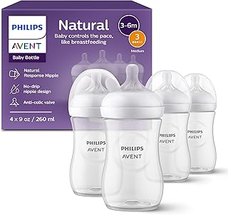 Philips Avent Natural Baby Bottles with Natural Response Nipples (Medium Flow, Flow 3), 9oz, 4-pack, SCY903/04