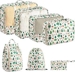 Multifunctional Travel Organizer Set, Foldable Clothes Storage Bags Toiletry Training Packing Cubes Choice of 7 Pieces Forest Green Plants