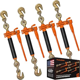 VULCAN Folding Handle Load Binder (Four Pack) with 2 Grab Hooks - Ratchet Style - 7100 Pound Safe Working Load (Works with 5/16 Inch or 3/8 Inch Grade 70 and Grade 80 Chain)