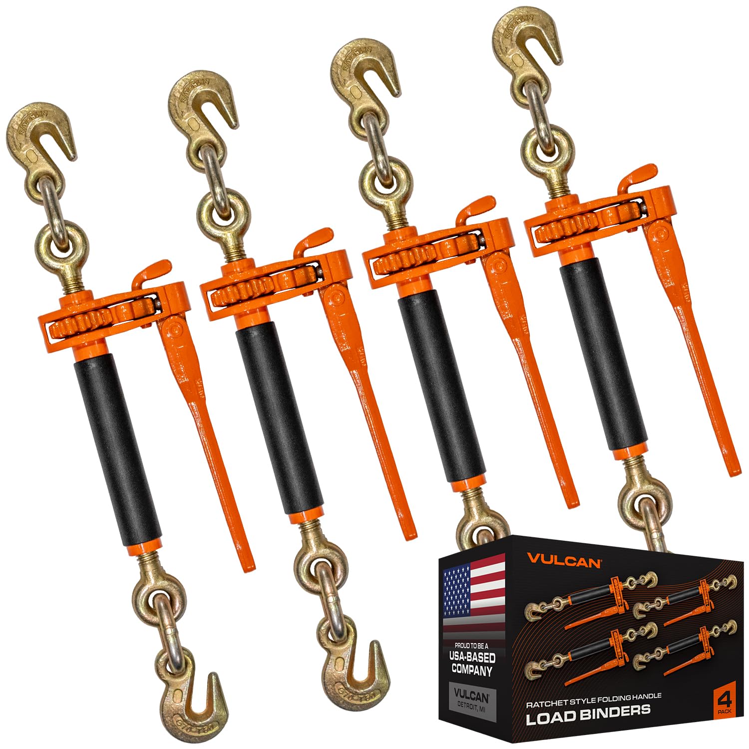 VULCAN Folding Handle Load Binder (Four Pack) with 2 Grab Hooks - Ratchet Style 