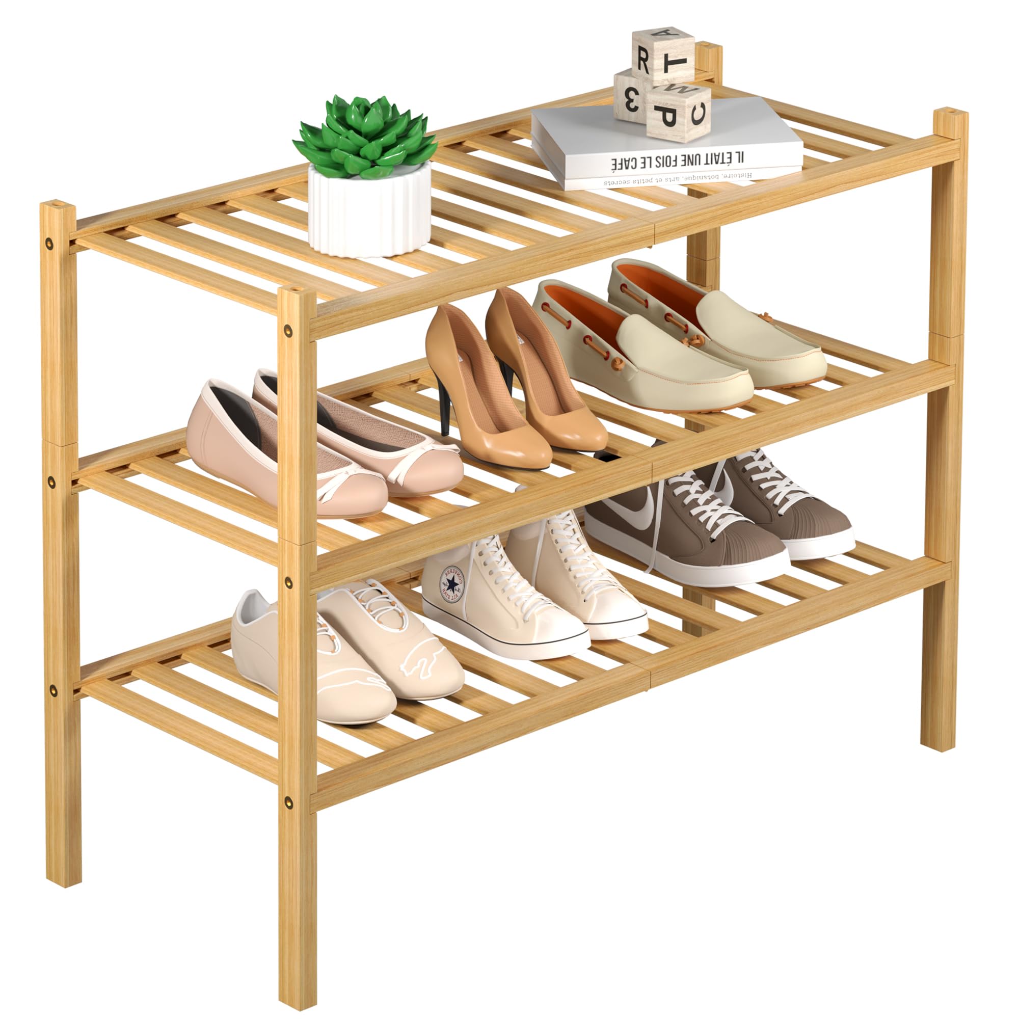 ROMGUAR CRAFT 3 Tier Bamboo Shoe Rack for Closet Free Standing Wood Shoe Shelf S