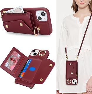 Lipvina Crossbody Wallet Case for iPhone 15 Plus,Wine Red