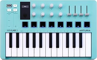 Arturia MiniLab 3-25 Key USB MIDI Keyboard Controller With 8 Multi-Color | 8 Multi-Color Drum Pads, 8 Knobs and Music Production Software Included, Aquamarine