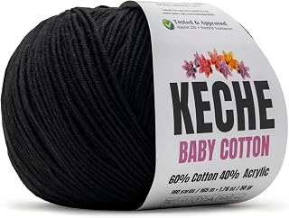 Keche Baby Cotton, 60% Cotton 40% Acrylic Yarn, Soft Cotton Yarn for Crochet and Knitting, Amigurumi Yarn 1 Skein/Ball 1.76 Oz (50g) / 180 Yrds (165m) - Black