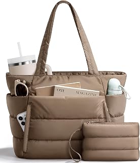 Bagstellar Puffer Tote Bag for Women, Lightweight Puffy Work Tote Handbag | 16 Pocket Teacher Nurse Quilted Shoulder Bag Large Cloud Carry On Purse for Travel Gym School Nursing