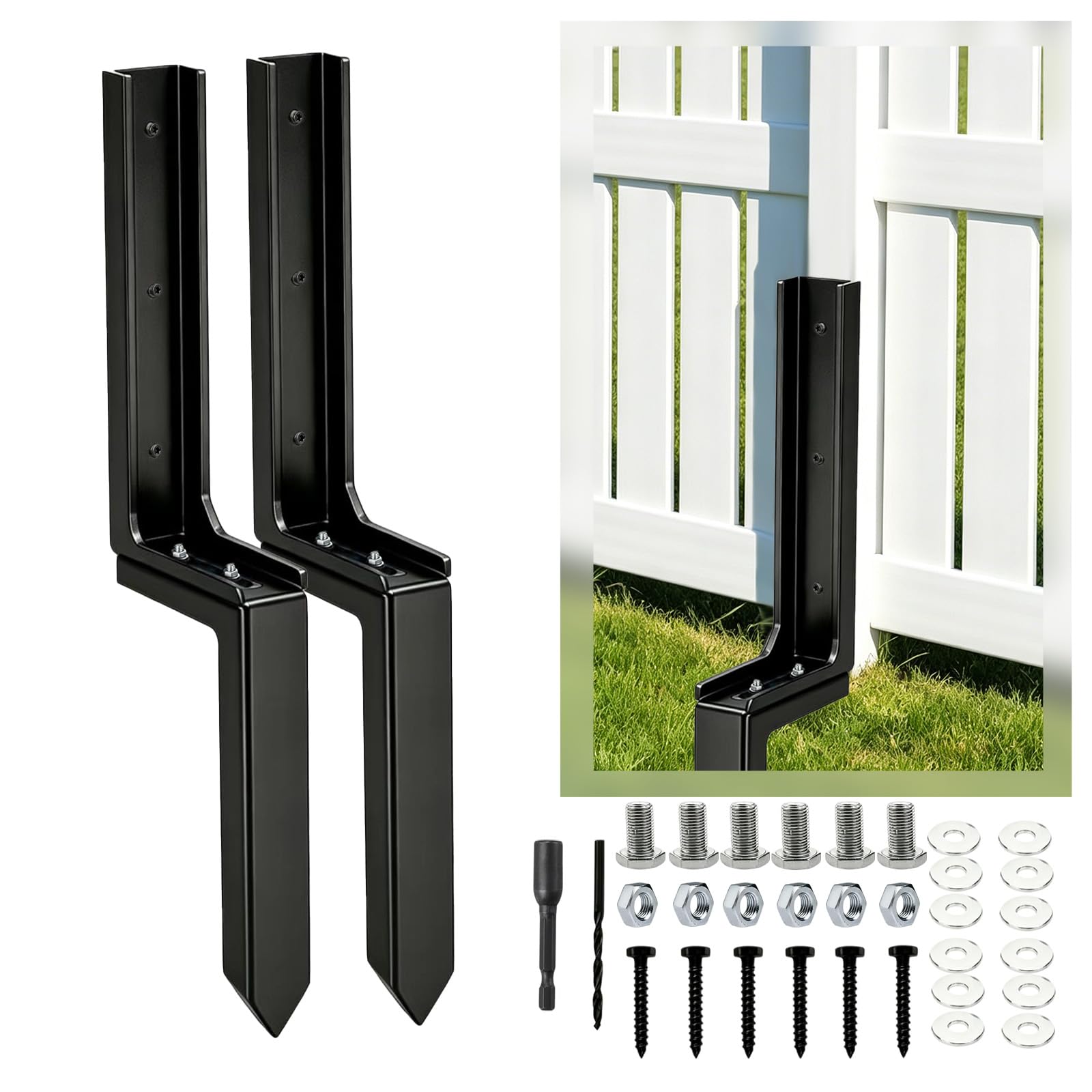 2PCS Fence Post Repair Kit, Heavy Duty Steel Fence Post Anchor, Adjustable Angle