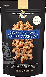 Squirrel Brand Sweet Brown Butter Cashews, 3.5 oz Resealable Bag | Gourmet Flavored Cashews Nuts, Gluten Free, Vegetarian