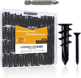 KURUI 140PCs #8 Self Drilling Drywall Anchors, Heavy Duty Dry Wall Anchors and Flat Head Screws Kit, 75LB Hanging for Picture Frames, Wall Decor Art and Curtain Rods, Sheetrock Hangers - Black