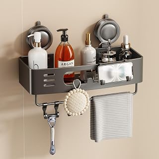 Voldra Shower Caddy Suction Cup No Drilling, Bathroom Shelves Shower Storage Wall Mounted Aluminum Bathroom Caddy Shower Organiser Rack With 4 Removable Hooks and Towel Bar(1 Pack, Grey)