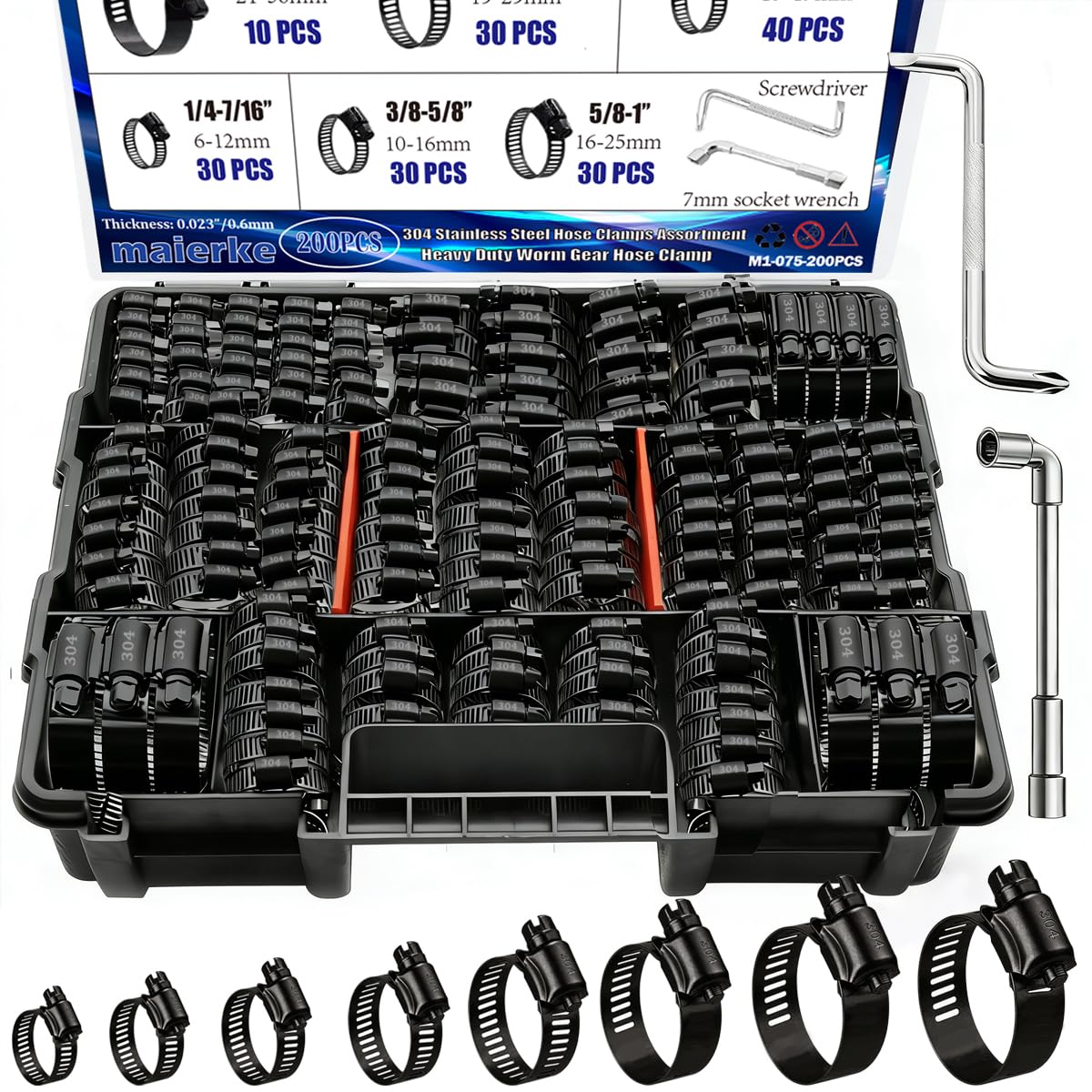 202PCS Stainless Steel Hose Clamps Assortment Kit,Metal Adjustable 1/4"-2"(6-51m