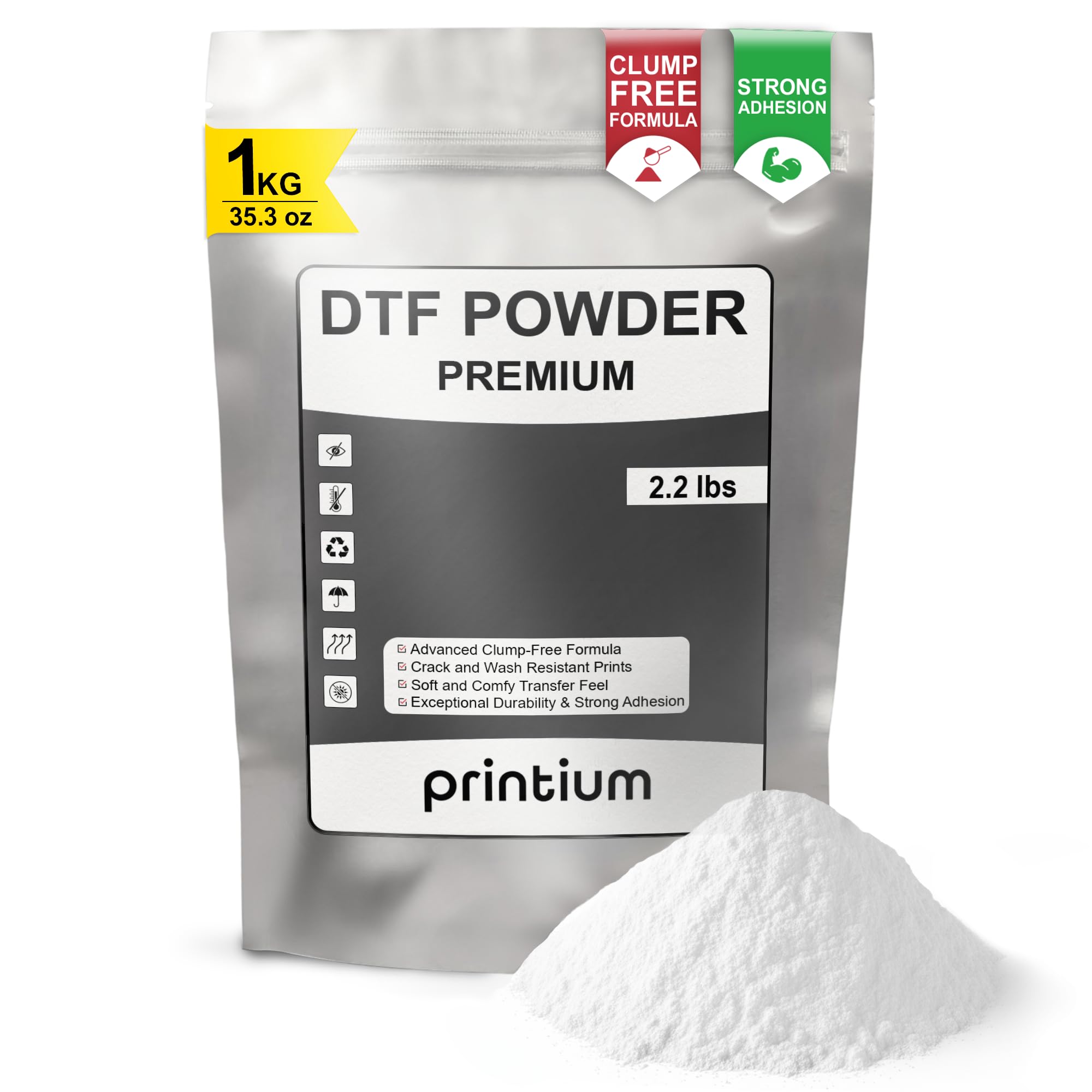 Printium DTF Powder White 1KG (2.2 lbs / 35.3 oz) - Fine 80-180 Micron Hot Melt 